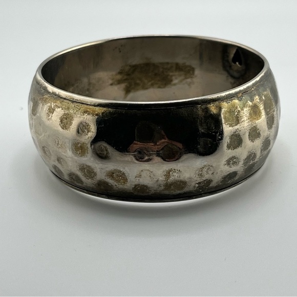 Chunky Silver Toned Hammered Bangle Bracelet 11/2" W Heart Logo Cutout Inside - Picture 3 of 4